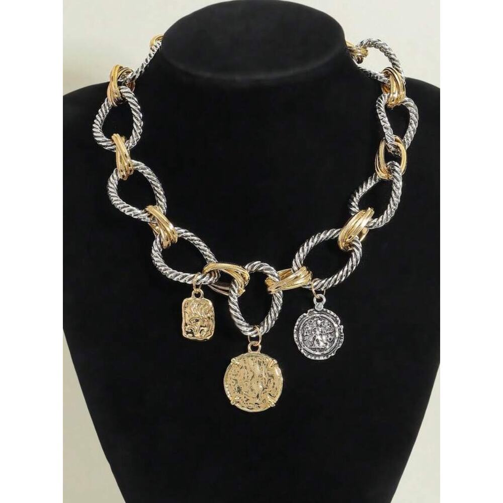 Zara Stainless Steel Two Tone Coin Statement Necklace Chunky Vintage Luxe Boho - Picture 3 of 15